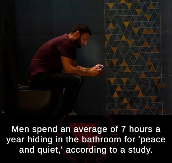 darkness - Men spend an average of 7 hours a year hiding in the bathroom for 'peace and quiet,' according to a study.