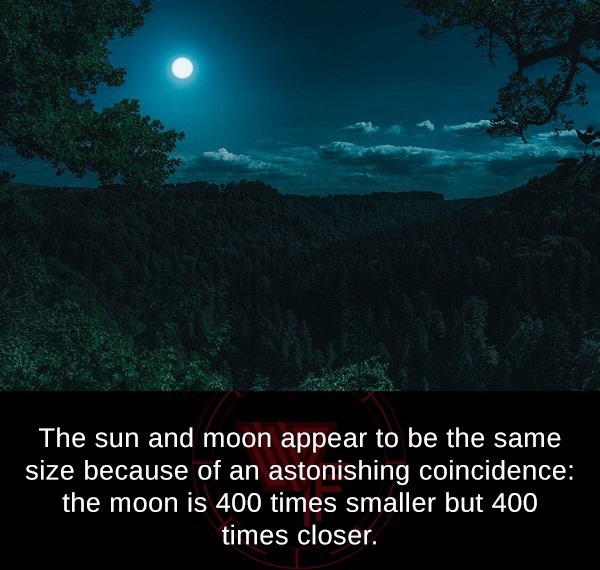 nature - The sun and moon appear to be the same size because of an astonishing coincidence the moon is 400 times smaller but 400 times closer.