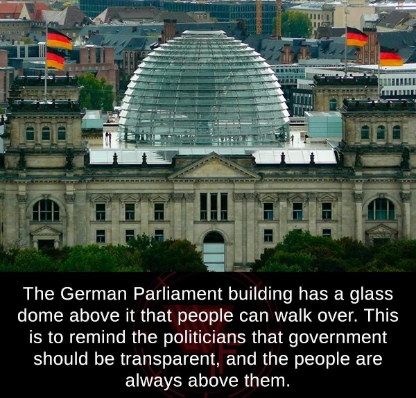 reichstag - Il Giudio Lehele 1. Modeller The German Parliament building has a glass dome above it that people can walk over. This is to remind the politicians that government should be transparent, and the people are always above them.