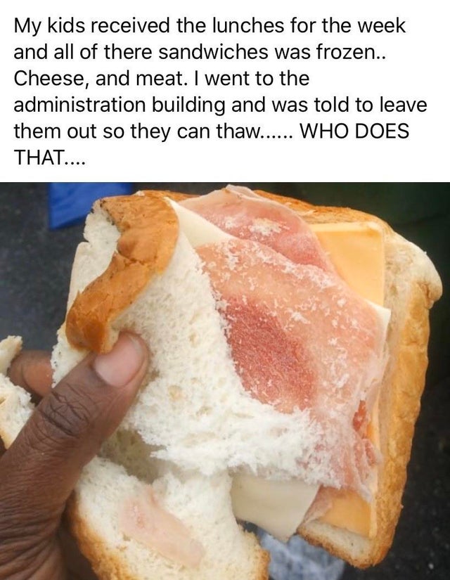 animal fat - My kids received the lunches for the week and all of there sandwiches was frozen.. Cheese, and meat. I went to the administration building and was told to leave them out so they can thaw..... Who Does That....