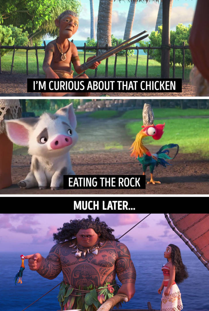moana meme - I'M Curious About That Chicken Eating The Rock Much Later... - Moana animated movie chicken Hei Hei eating rocks and eating Maui