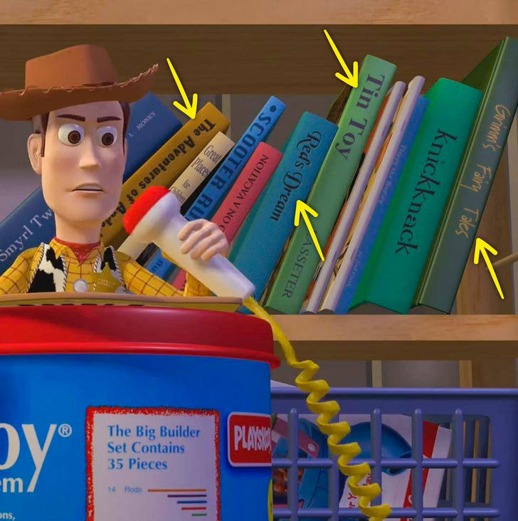 Toy Story movie - Woody in front of books with titles of previous Pixar short films on them