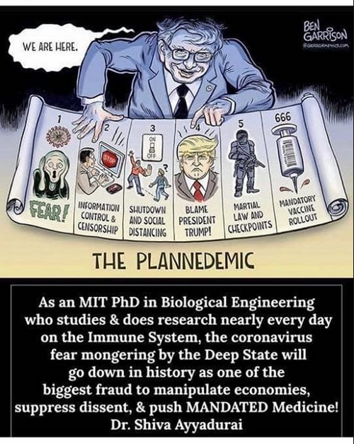 cartoon - Ben Garrison We Are Here. Martial Mandatory Information Control Tear Shutdown And Social Blame President Law And Vaccine Rollout Hip Distancing Trump! Checkpoints The Plannedemic As an Mit PhD in Biological Engineering who studies & does researc
