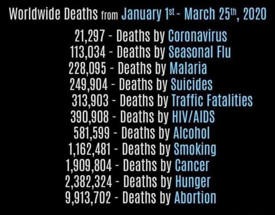 number - Worldwide Deaths from January 1st March 25th, 2020 21,297 Deaths by Coronavirus 113,034 Deaths by Seasonal Flu 228,095 Deaths by Malaria 249,904 Deaths by Suicides 313,903 Deaths by Traffic Fatalities 390,908 Deaths by HivAids 581,599 Deaths by A