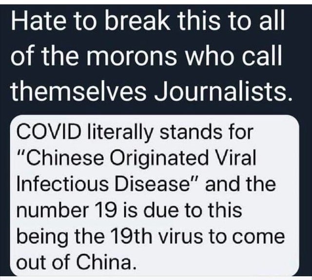 document - Hate to break this to all of the morons who call themselves Journalists. Covid literally stands for "Chinese Originated Viral Infectious Disease" and the number 19 is due to this being the 19th virus to come out of China.