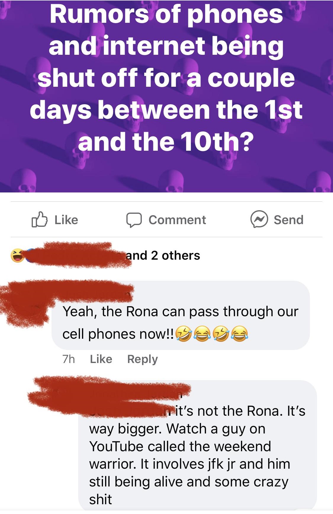internet retailer - Rumors of phones and internet being shut off for a couple days between the 1st and the 10th? D Comment @ Send and 2 others Yeah, the Rona can pass through our cell phones now!! Sasa 7h nit's not the Rona. It's way bigger. Watch a guy o
