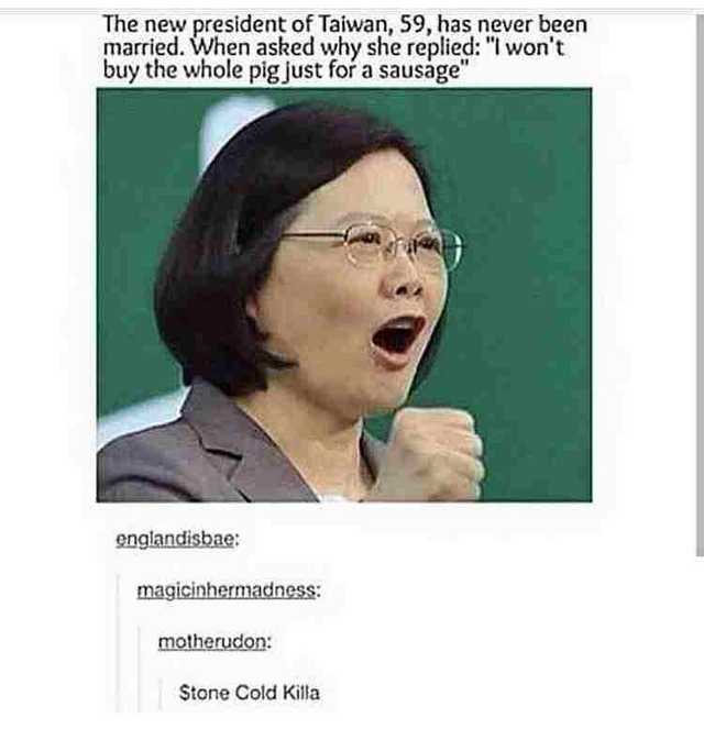 tsai ing wen memes - The new president of Taiwan, 59, has never been married. When asked why she replied "I won't buy the whole pig just for a sausage" englandisbae magicinhermadness motherudon Stone Cold Killa