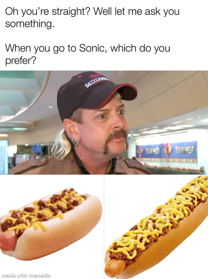sonic hot dog - Oh you're straight? Well let me ask you something. When you go to Sonic, which do you prefer? Cew made with mematic