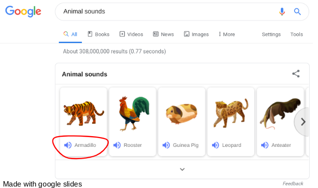 google - Google Animal sounds a All Books Videos News Images More Settings Tools About 308,000,000 results 0.77 seconds Animal sounds D Armadillo Rooster D Guinea Pig Leopard D Anteater Made with google slides Feedback