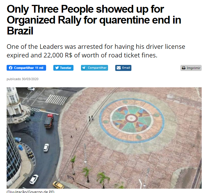 water resources - Only Three People showed up for Organized Rally for quarentine end in Brazil One of the Leaders was arrested for having his driver license expired and 22,000 R$ of worth of road ticket fines. Compartilhar 11 mil Tweetar Compartilhar Emai