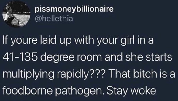 bitch is a foodborne pathogen - pissmoneybillionaire If youre laid up with your girl in a 41135 degree room and she starts multiplying rapidly??? That bitch is a foodborne pathogen. Stay woke