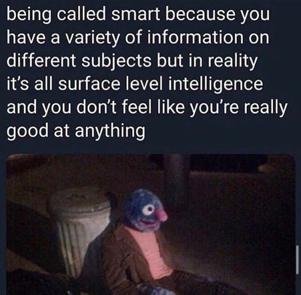 ENTP - being called smart because you have a variety of information on different subjects but in reality it's all surface level intelligence and you don't feel you're really good at anything