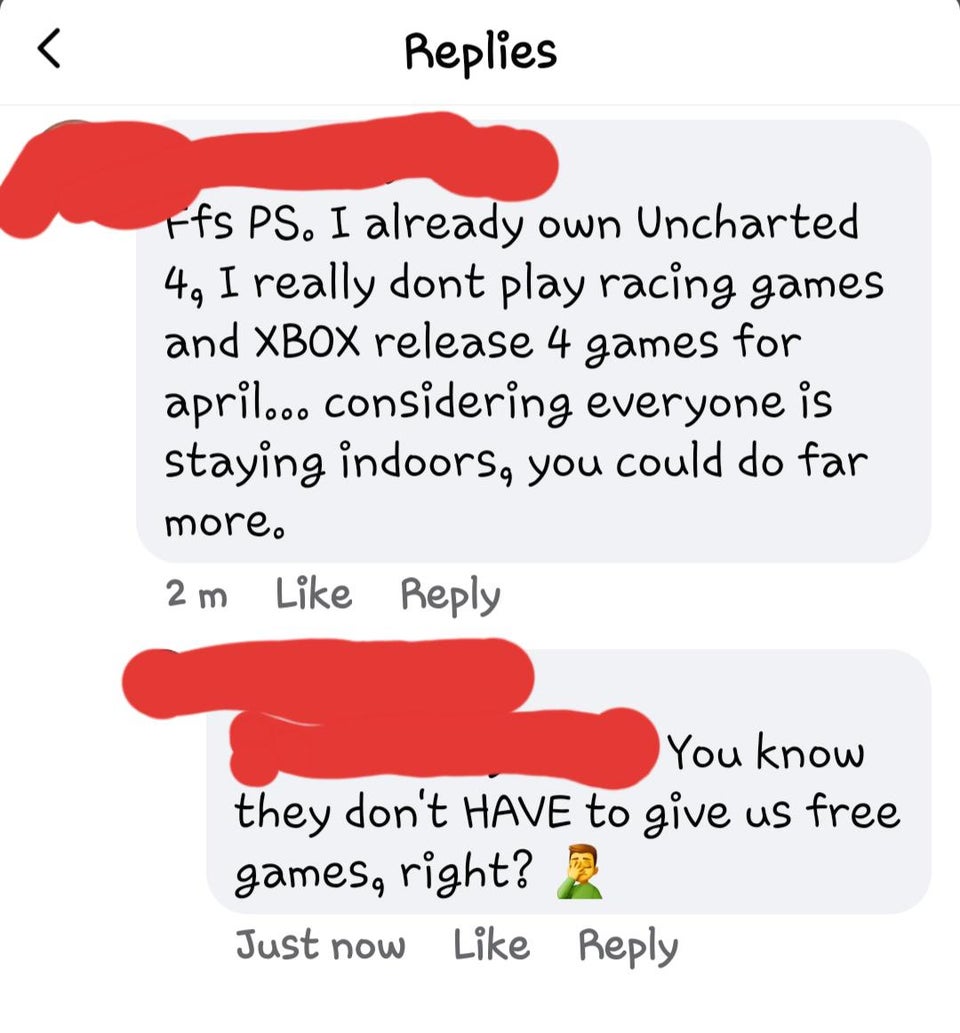 new york city - Replies Ffs Ps. I already own Uncharted 49 I really dont play racing games and Xbox release 4 games for april... considering everyone is staying indoors, you could do far more. 2m You know they don't Have to give us free games, right? 2 Ju