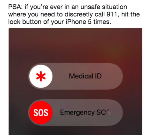 multimedia - Psa if you're ever in an unsafe situation where you need to discreetly call 911, hit the lock button of your iPhone 5 times. Medical Id sos Emergency Sos