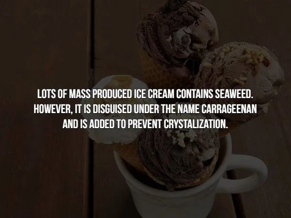 chocolate - Lots Of Mass Produced Ice Cream Contains Seaweed. However, It Is Disguised Under The Name Carrageenan And Is Added To Prevent Crystalization.