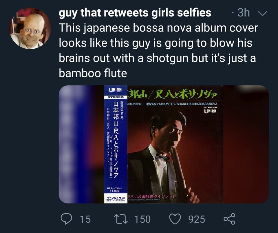 presentation - guy that girls selfies 3h v This japanese bossa nova album cover looks this guy is going to blow his brains out with a shotgun but it's just a bamboo flute BlR Union Stereo 1 8 Hozan Yamamoto Shakuhachi&Bossanova Union Stereo C .Nak Ups1030