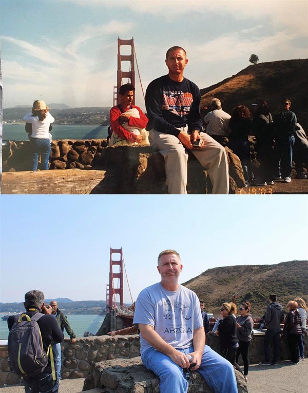 then and now photos of dad sitting in front of the golden gate bridge