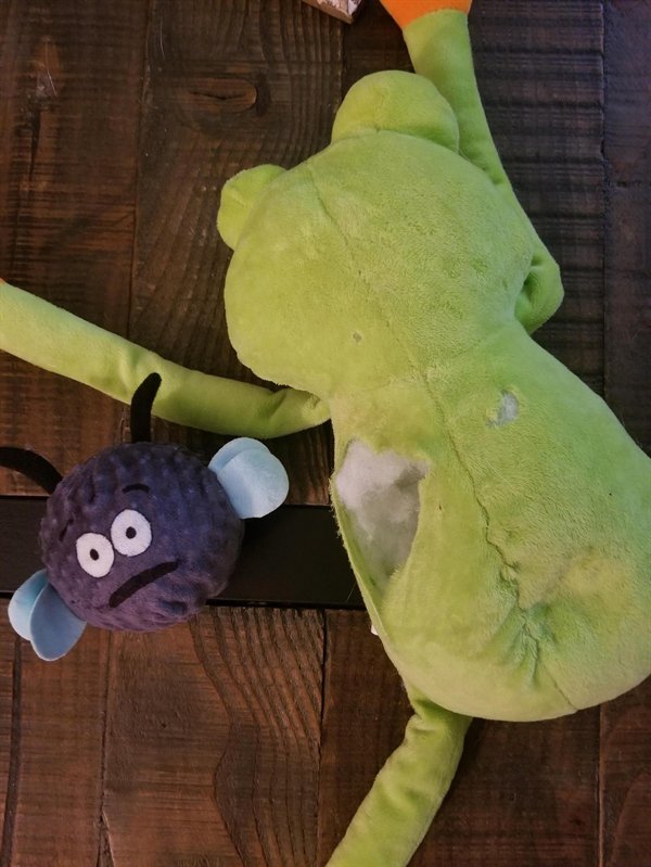 stuffed green frog toy laying down next to stuffed purple fly toy