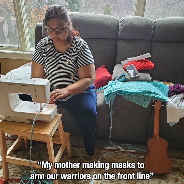 sitting - My mother making masks to arm our warriors on the front line" 2