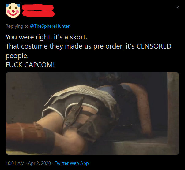 arm - Hunter You were right, it's a skort. That costume they made us pre order, it's Censored people. Fuck Capcom! Twitter Web App
