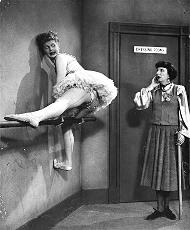 Lucille Ball with her ballet instructor, Mary Wicks, during an episode of "I Love Lucy," Los Angeles, 1952