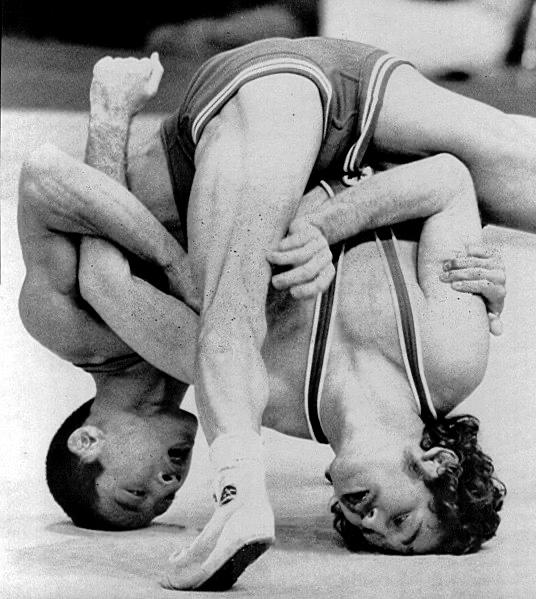 Kyomi Kato and Gordon Bertie freestyle wrestling at the Munich Olympics, August 30, 1972