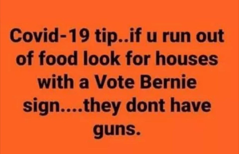 orange - Covid19 tip..if u run out of food look for houses with a Vote Bernie sign....they dont have guns.