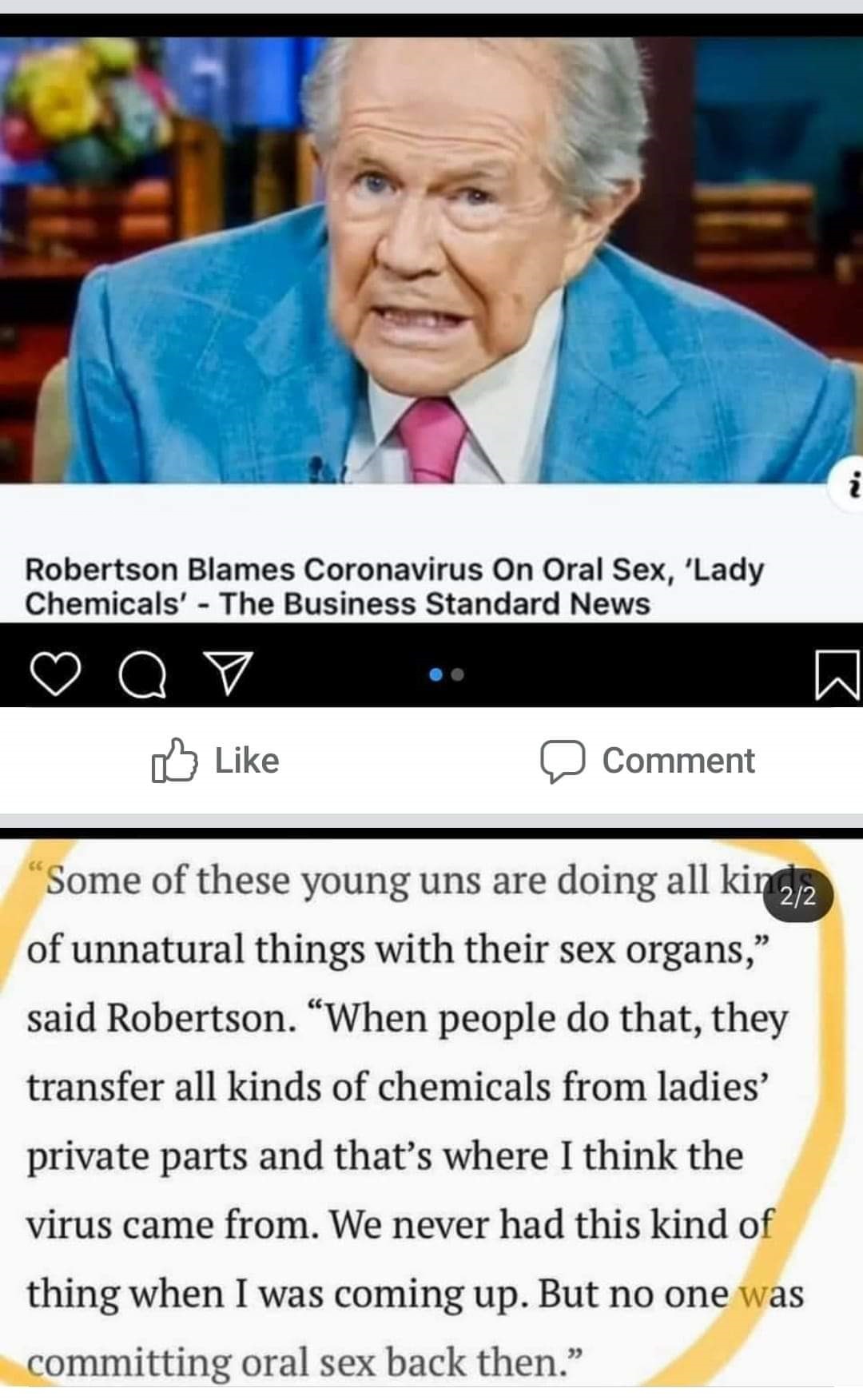 pat robertson - Robertson Blames Coronavirus On Oral Sex, 'Lady Chemicals' The Business Standard News ao D Comment "Some of these young uns are doing all kingia of unnatural things with their sex organs, said Robertson. When people do that, they transfer 