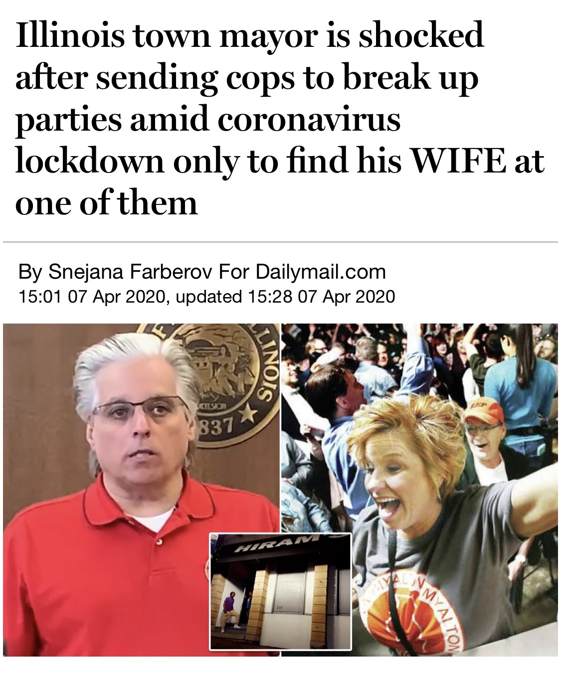 human behavior - Illinois town mayor is shocked after sending cops to break up parties amid coronavirus lockdown only to find his Wife at one of them By Snejana Farberov For Dailymail.com , updated Inois Walton