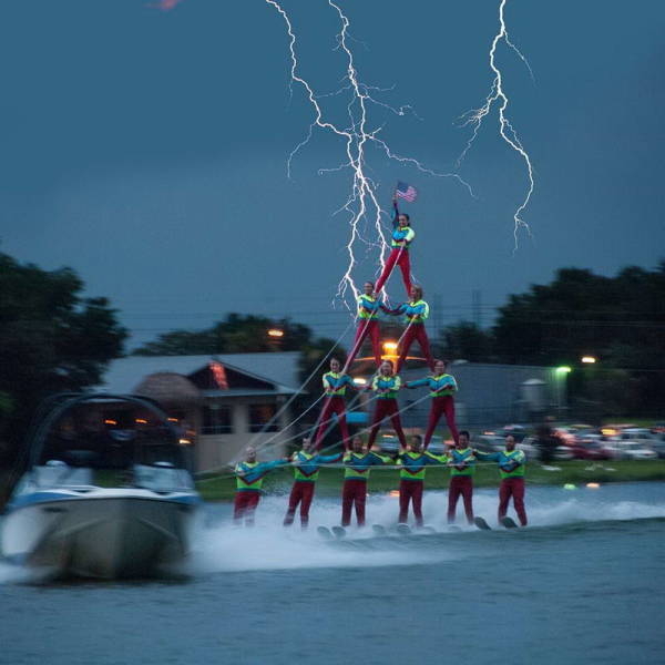 women water ski human pyramid lightning strike