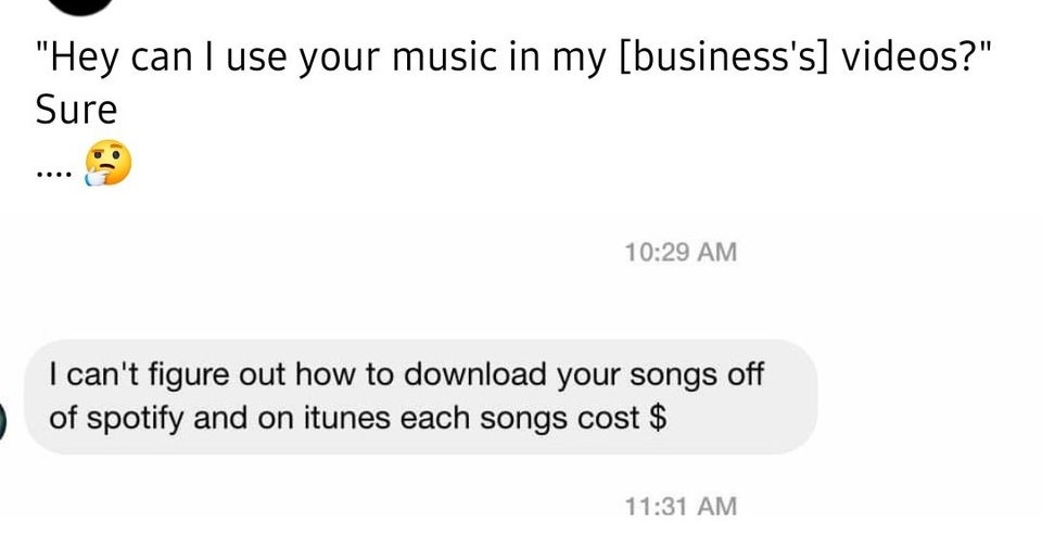 document - "Hey can I use your music in my business's videos?" Sure I can't figure out how to download your songs off of spotify and on itunes each songs cost $