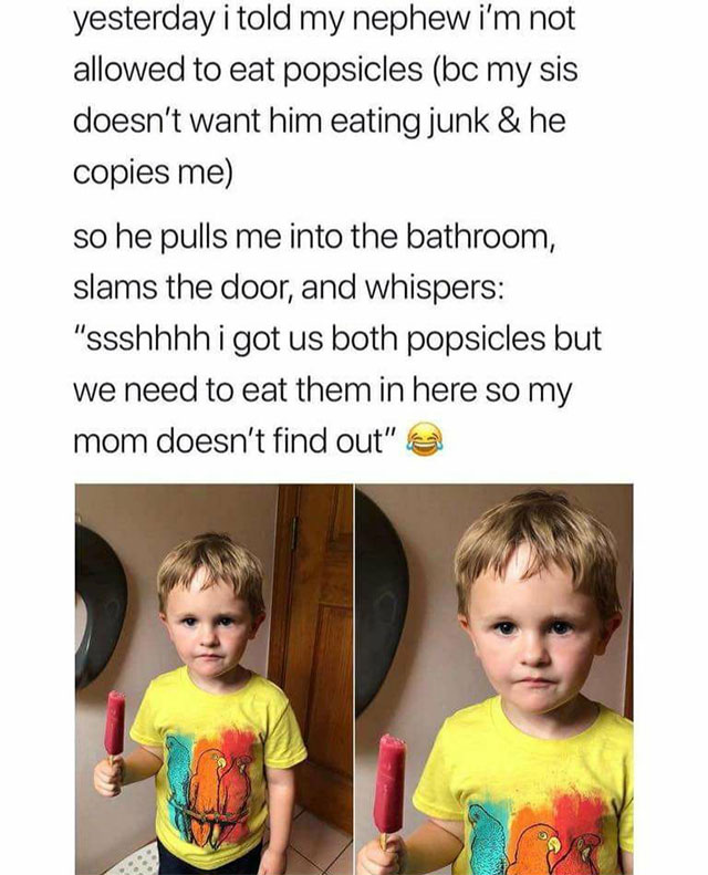 wholesome meme kids - yesterday i told my nephew i'm not allowed to eat popsicles bc my sis doesn't want him eating junk & he copies me so he pulls me into the bathroom, slams the door, and whispers "ssshhhh i got us both popsicles but we need to eat them