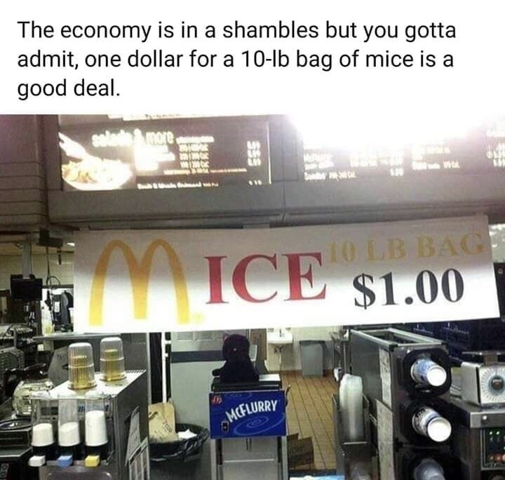 big cheese rodents - The economy is in a shambles but you gotta admit, one dollar for a 101b bag of mice is a good deal. more 110 Lb Bag Ice $1.00 Trice $1.00 Mcflurry
