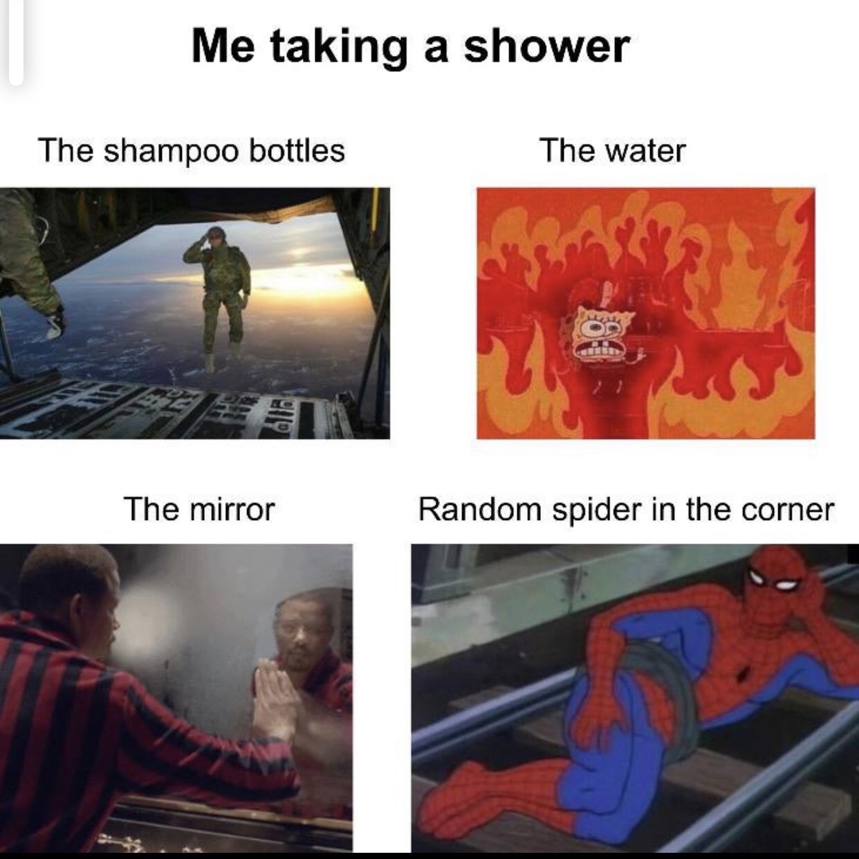 shower starter pack meme - Me taking a shower The shampoo bottles The water The mirror Random spider in the corner