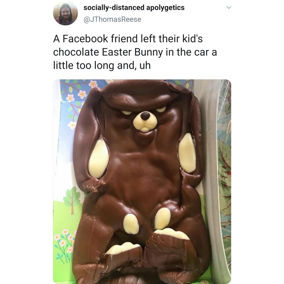photo caption - sociallydistanced apolygetics A Facebook friend left their kid's chocolate Easter Bunny in the car a little too long and, uh