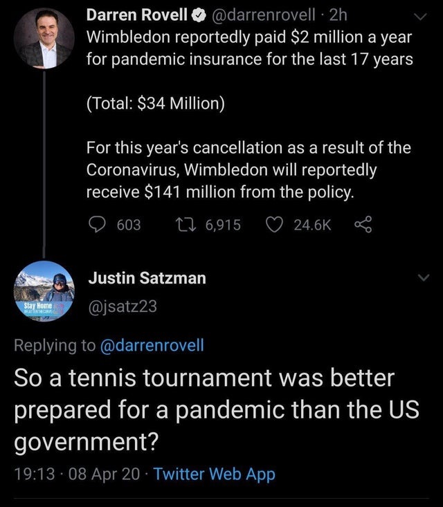 atmosphere - Darren Rovell 2h Wimbledon reportedly paid $2 million a year for pandemic insurance for the last 17 years Total $34 Million For this year's cancellation as a result of the Coronavirus, Wimbledon will reportedly receive $141 million from the p
