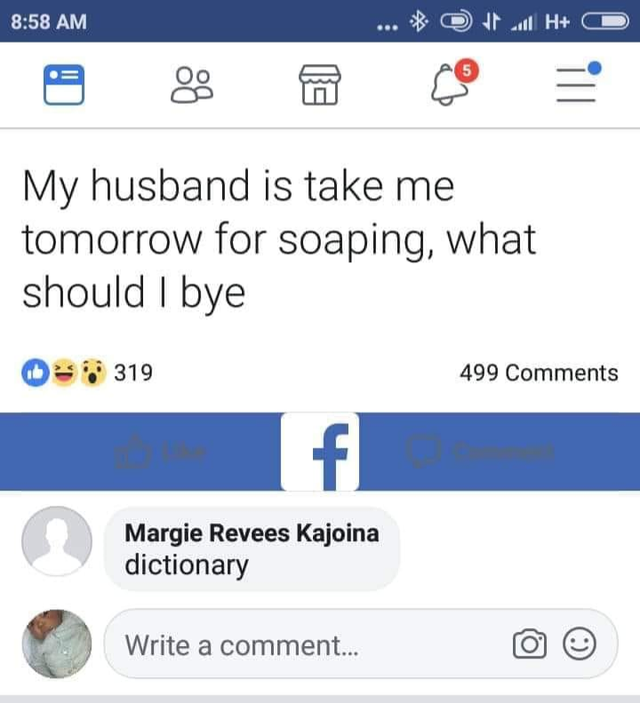 web page - ... O H D My husband is take me tomorrow for soaping, what should I bye 0 319 499 Margie Revees Kajoina dictionary Write a comment...