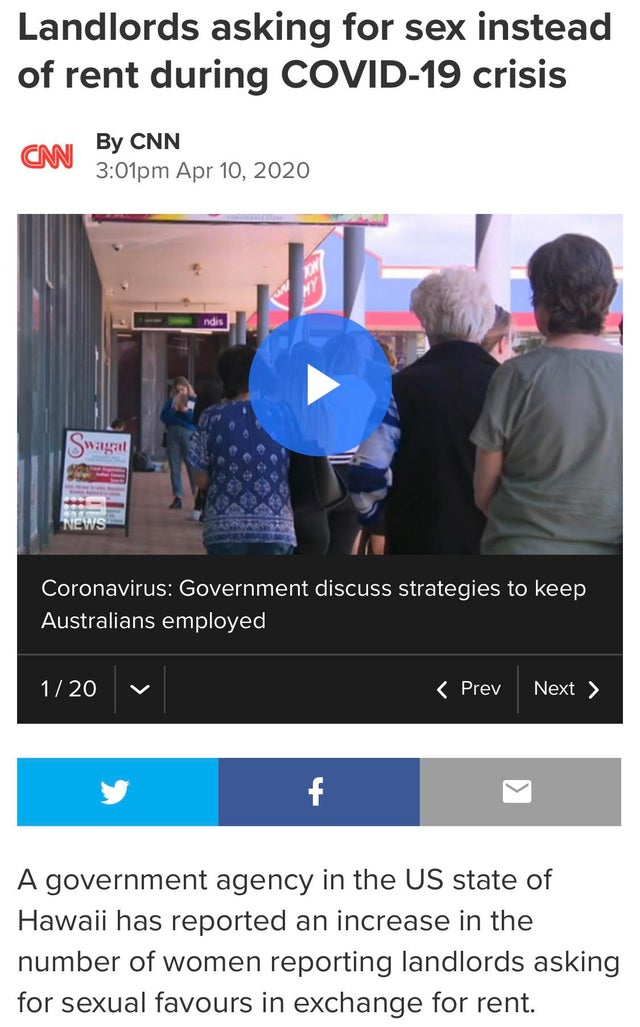 media - Landlords asking for sex instead of rent during Covid19 crisis Cm By Cnn pm ndis Swagat News Coronavirus Government discuss strategies to keep Australians employed 120 V  A government agency in the Us state of Hawaii has reported an increase…