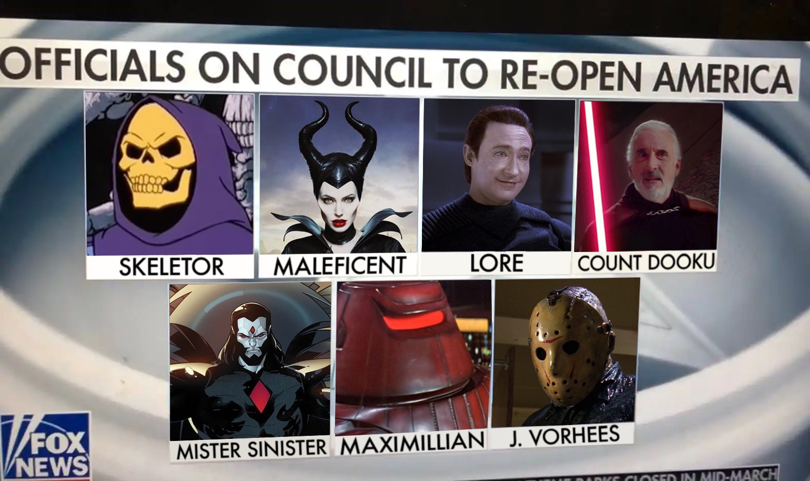 fox news - Officials On Council To ReOpen America O Lore Maleficent Count Dooku Skeletor J. Vorhees Mister Sinister Maximillian Lased In MidMarch
