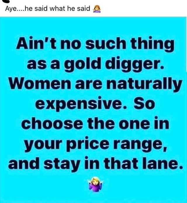 internet safety - Aye....he said what he said Ain't no such thing as a gold digger. Women are naturally expensive. So choose the one in your price range, and stay in that lane.