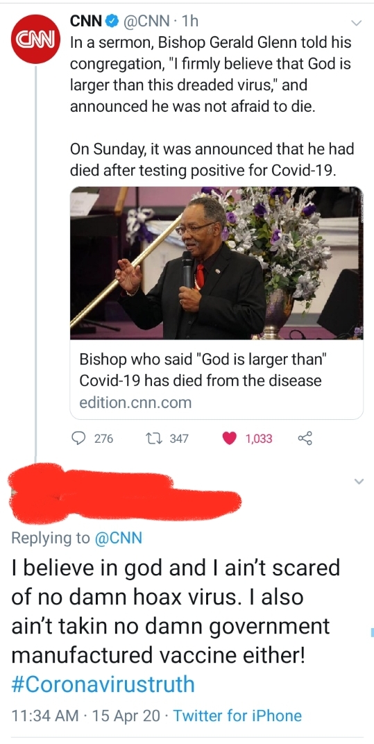 media - Cnn Cnn 1h In a sermon, Bishop Gerald Glenn told his congregation, "I firmly believe that God is larger than this dreaded virus," and announced he was not afraid to die. On Sunday, it was announced that he had died after testing positive for Covid