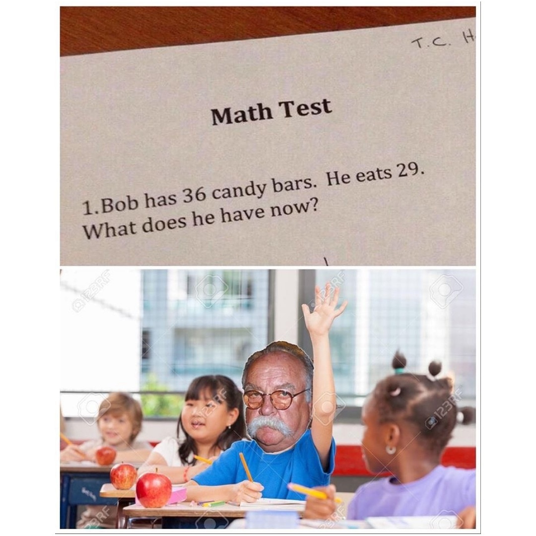 wilford brimley memes - T.C. H Math Test 1. Bob has 36 candy bars. He eats 29. What does he have now? 123RF