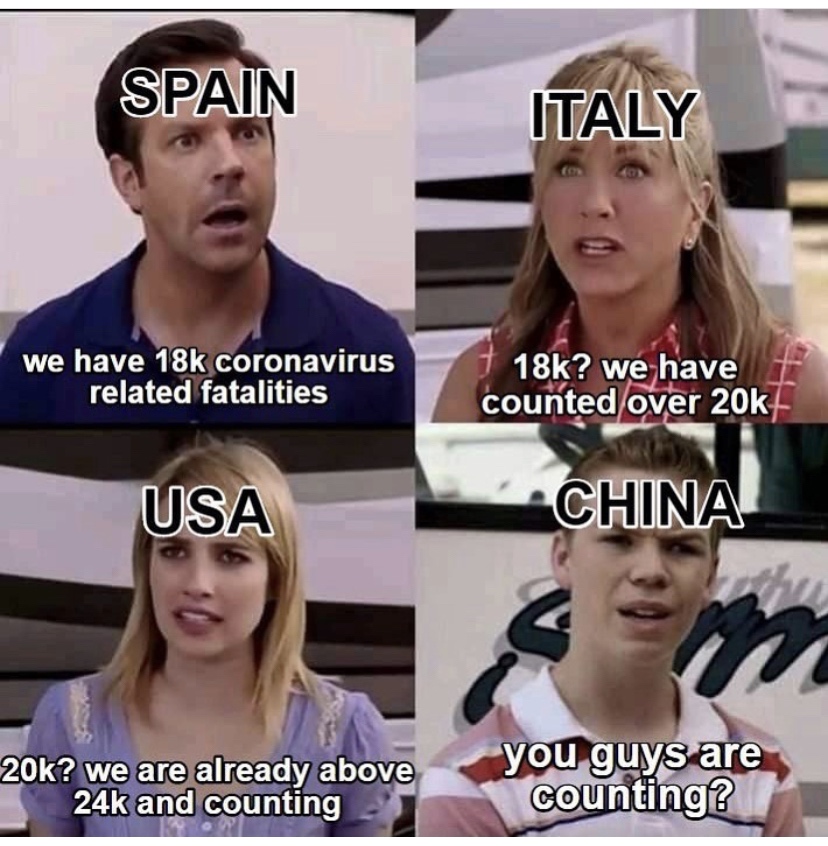 we are the millers meme template - Spain Italy we have 18k coronavirus related fatalities # 18k? we have counted over 20k Usa China 20k? we are already above 24k and counting you guys are counting?