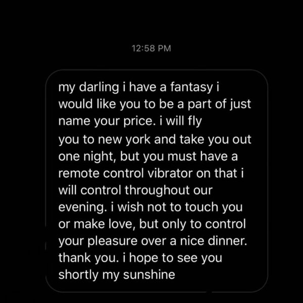screenshot - my darling i have a fantasy i would you to be a part of just name your price. i will fly you to new york and take you out one night, but you must have a remote control vibrator on that i will control throughout our evening. I wish not to touc