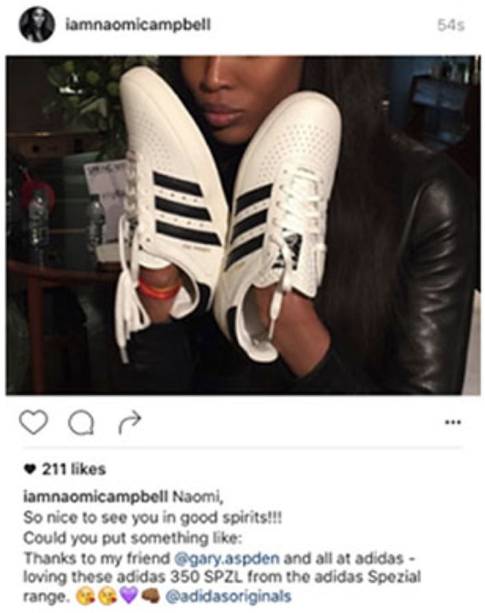 naomi campbell adidas post - iamnaomicampbell 545 211 iamnaomicampbell Naomi, So nice to see you in good spirits!!! Could you put something Thanks to my friend .aspden and all at adidas loving these adidas 350 Spzl from the adidas Spezial range.