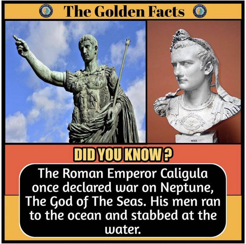 caligula roman emperor - O The Golden Facts O Did You Know? The Roman Emperor Caligula once declared war on Neptune, The God of The Seas. His men ran to the ocean and stabbed at the water.