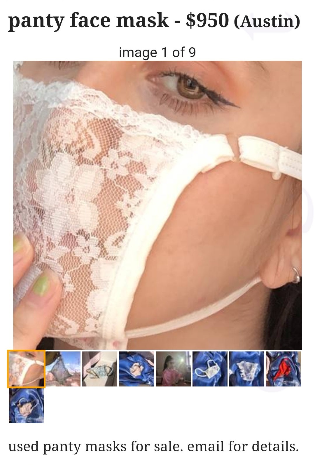 panties - panty face mask $950 Austin image 1 of 9 used panty masks for sale. email for details.