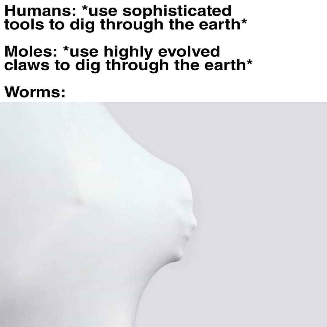 worm digging meme - Humans use sophisticated tools to dig through the earth Moles use highly evolved claws to dig through the earth Worms