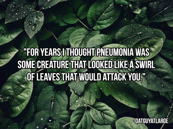 "For Years I Thought Pneumonia Was Some Creature That Looked A Swirl Of Leaves That Would Attack You." Datguyatlarge