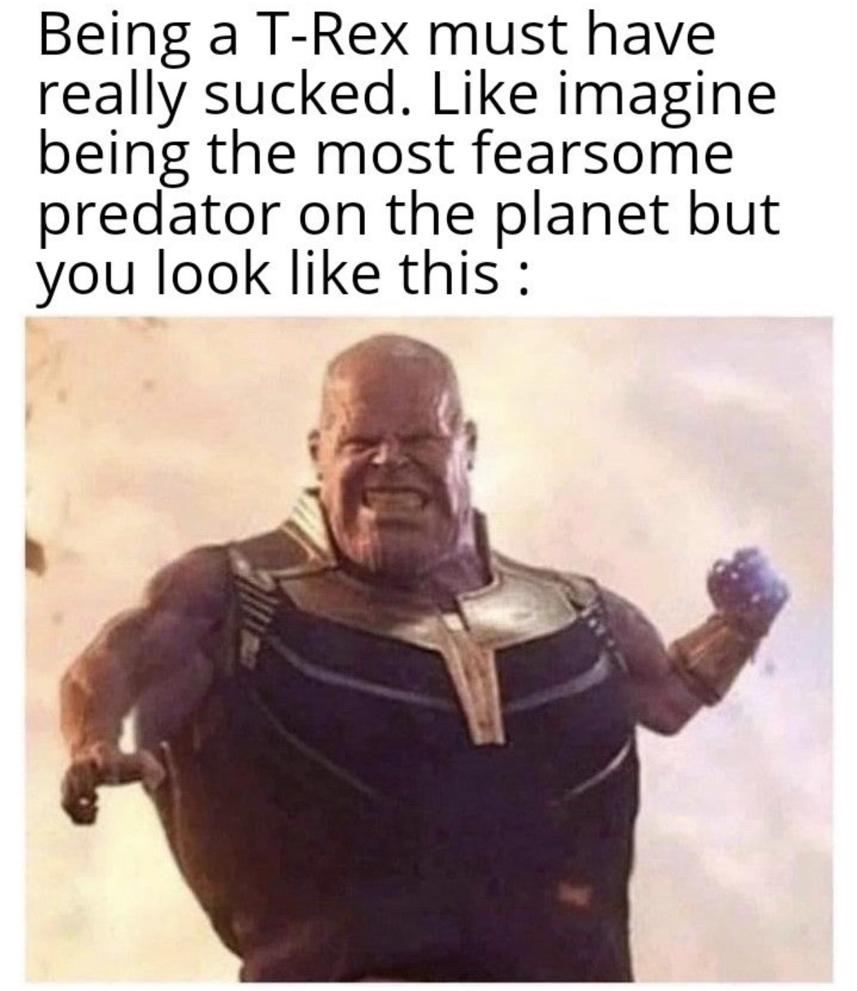 scared thanos meme - Being a TRex must have really sucked. imagine being the most fearsome predator on the planet but you look this